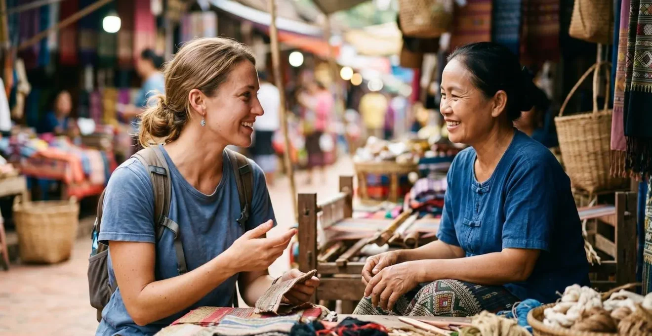 Zwei Personen aus unterschiedlichen Kulturen im echten Gespraech bei einem lokalen Marktstand