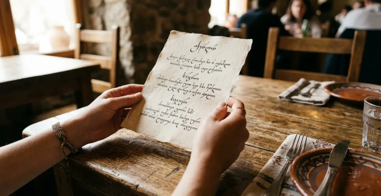 Reisender liest authentische Speisekarte in lokaler Sprache im traditionellen Restaurant