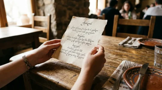 Reisender liest authentische Speisekarte in lokaler Sprache im traditionellen Restaurant