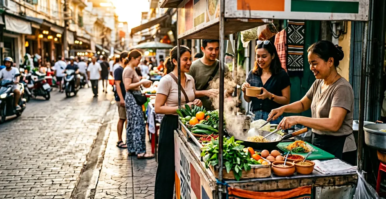 Lebendige Street-Food-Szene mit frisch zubereiteten Gerichten an einem authentischen Stand