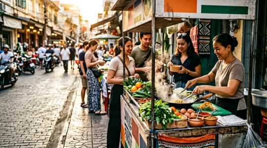 Lebendige Street-Food-Szene mit frisch zubereiteten Gerichten an einem authentischen Stand