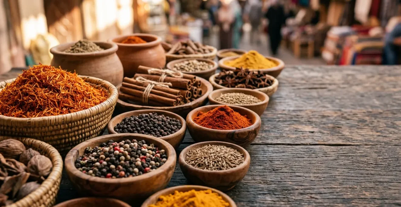 Nahaufnahme von bunten exotischen Gewürzen auf einem traditionellen Markt mit natürlichem Licht