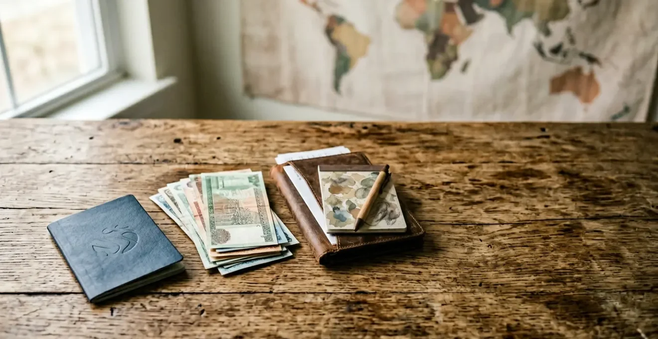 Reisebudgetplanung mit Weltkarte und Finanzunterlagen zur Vermeidung unerwarteter Ausgaben