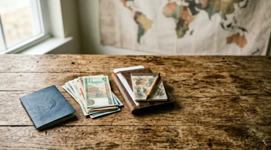 Reisebudgetplanung mit Weltkarte und Finanzunterlagen zur Vermeidung unerwarteter Ausgaben