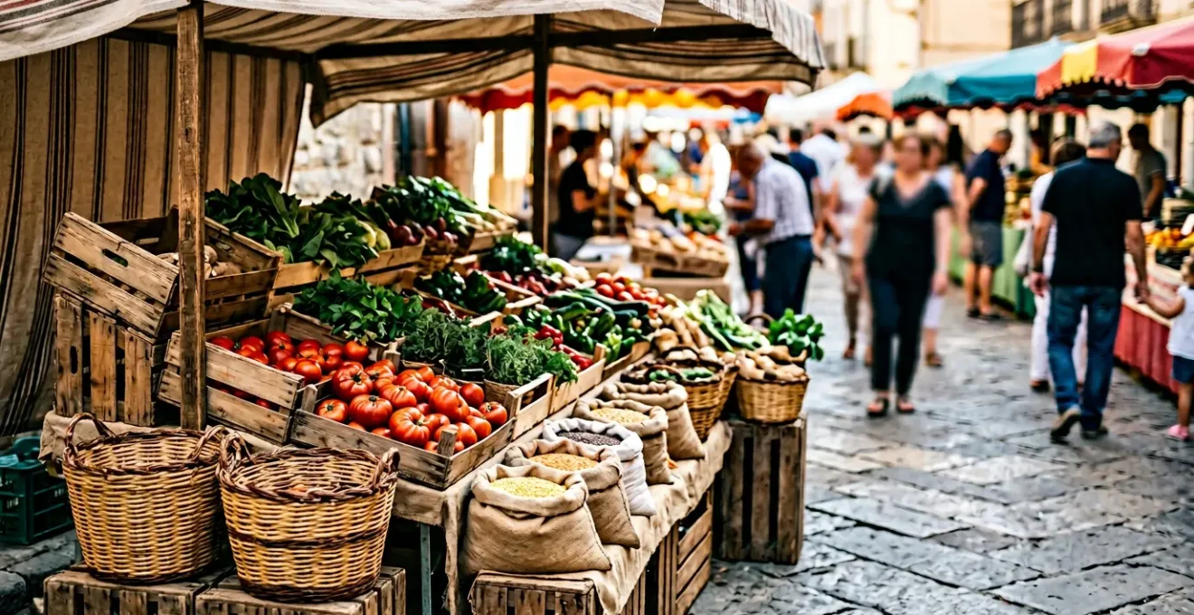 Nahaufnahme von handwerklich hergestellten regionalen Lebensmitteln auf einem traditionellen Wochenmarkt
