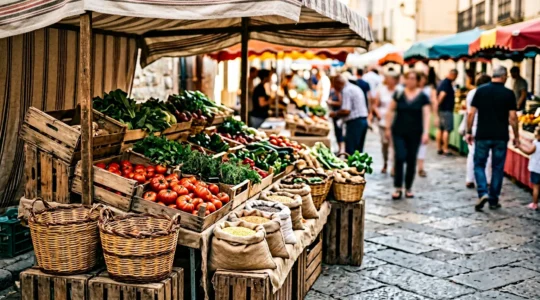 Nahaufnahme von handwerklich hergestellten regionalen Lebensmitteln auf einem traditionellen Wochenmarkt
