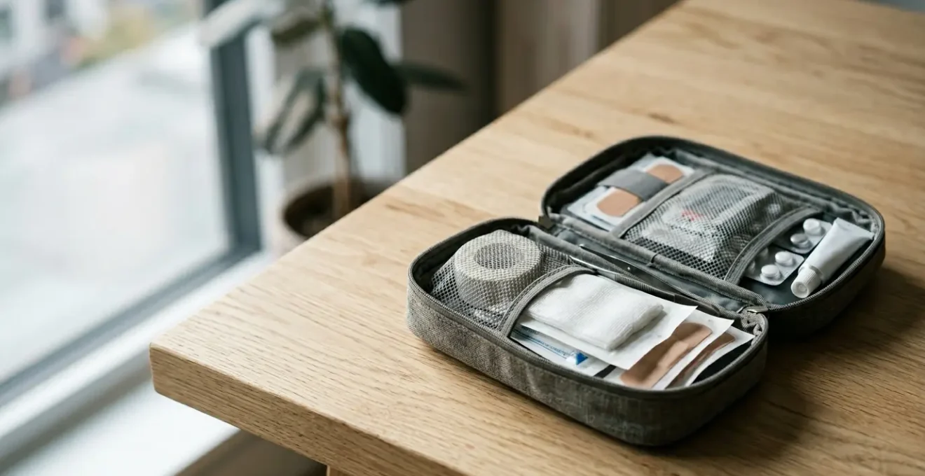 Professionell gepackte Reiseapotheke mit Medikamenten und Erste-Hilfe-Materialien für sicheres Reisen