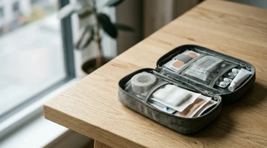 Professionell gepackte Reiseapotheke mit Medikamenten und Erste-Hilfe-Materialien für sicheres Reisen
