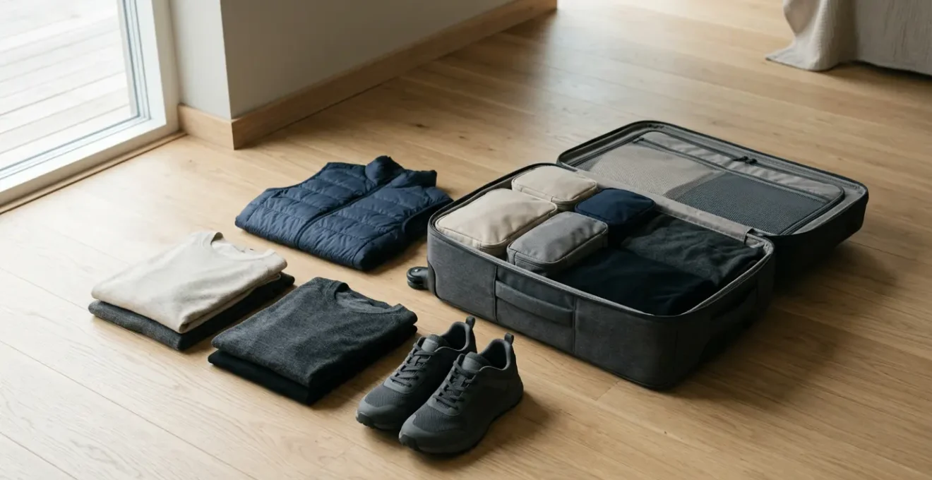 Offener Reisekoffer mit vielseitiger Kleidung organisiert in Packwürfeln für verschiedene Klimazonen