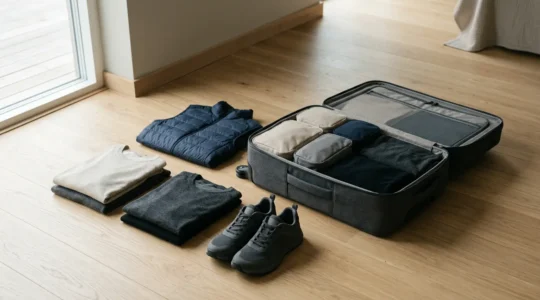 Offener Reisekoffer mit vielseitiger Kleidung organisiert in Packwürfeln für verschiedene Klimazonen