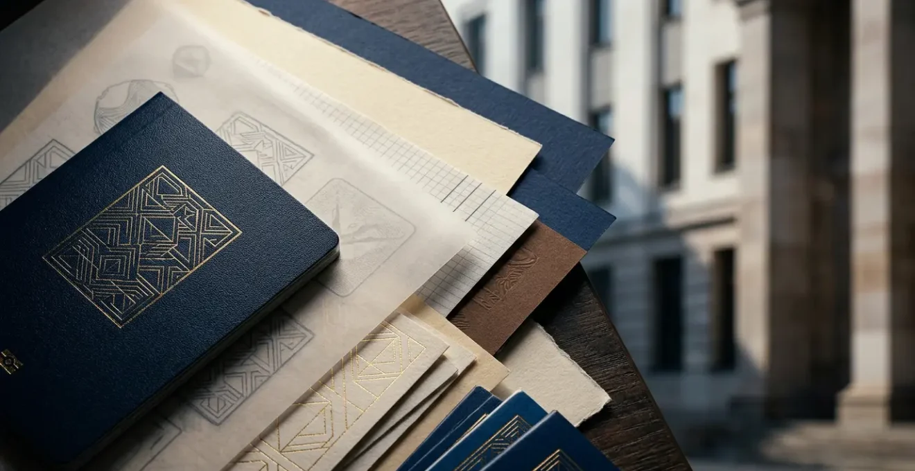 Abstrakte Darstellung der Visa-Antragsnavigation mit dokumenten und organisationsstruktur