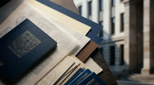 Abstrakte Darstellung der Visa-Antragsnavigation mit dokumenten und organisationsstruktur