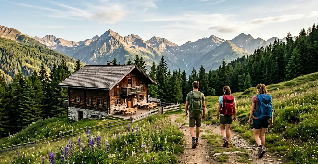 Bergpension direkt am Wanderweg mit Wanderern im Vordergrund