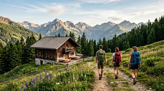 Bergpension direkt am Wanderweg mit Wanderern im Vordergrund