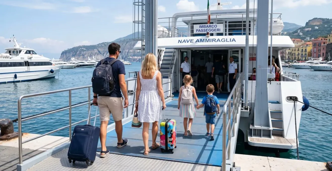 Eine vierköpfige Familie mit Koffern geht von hinten fotografiert über die Gangway einer modernen Fähre, im Hintergrund verschwommen ein sonniger Mittelmeerhafen