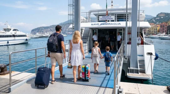 Eine vierköpfige Familie mit Koffern geht von hinten fotografiert über die Gangway einer modernen Fähre, im Hintergrund verschwommen ein sonniger Mittelmeerhafen