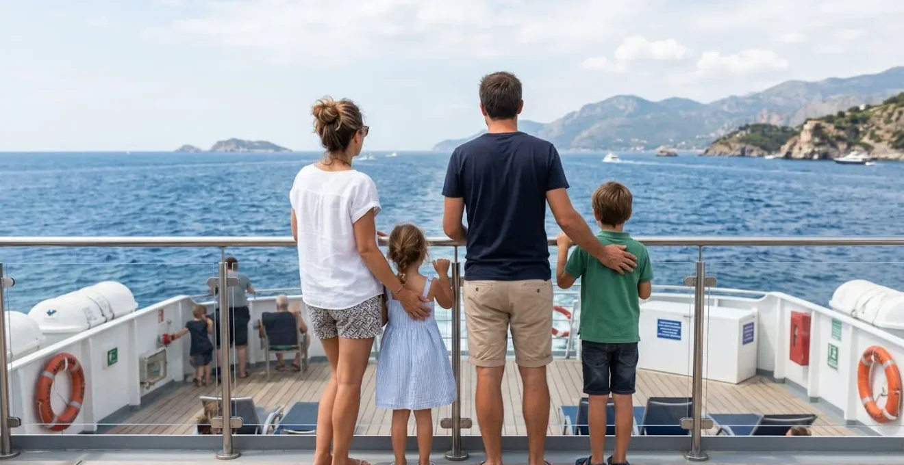 Familie mit zwei Kindern steht auf dem Aussendeck einer Fähre und schaut gemeinsam aufs Meer, fotografiert von hinten bei natürlichem Tageslicht