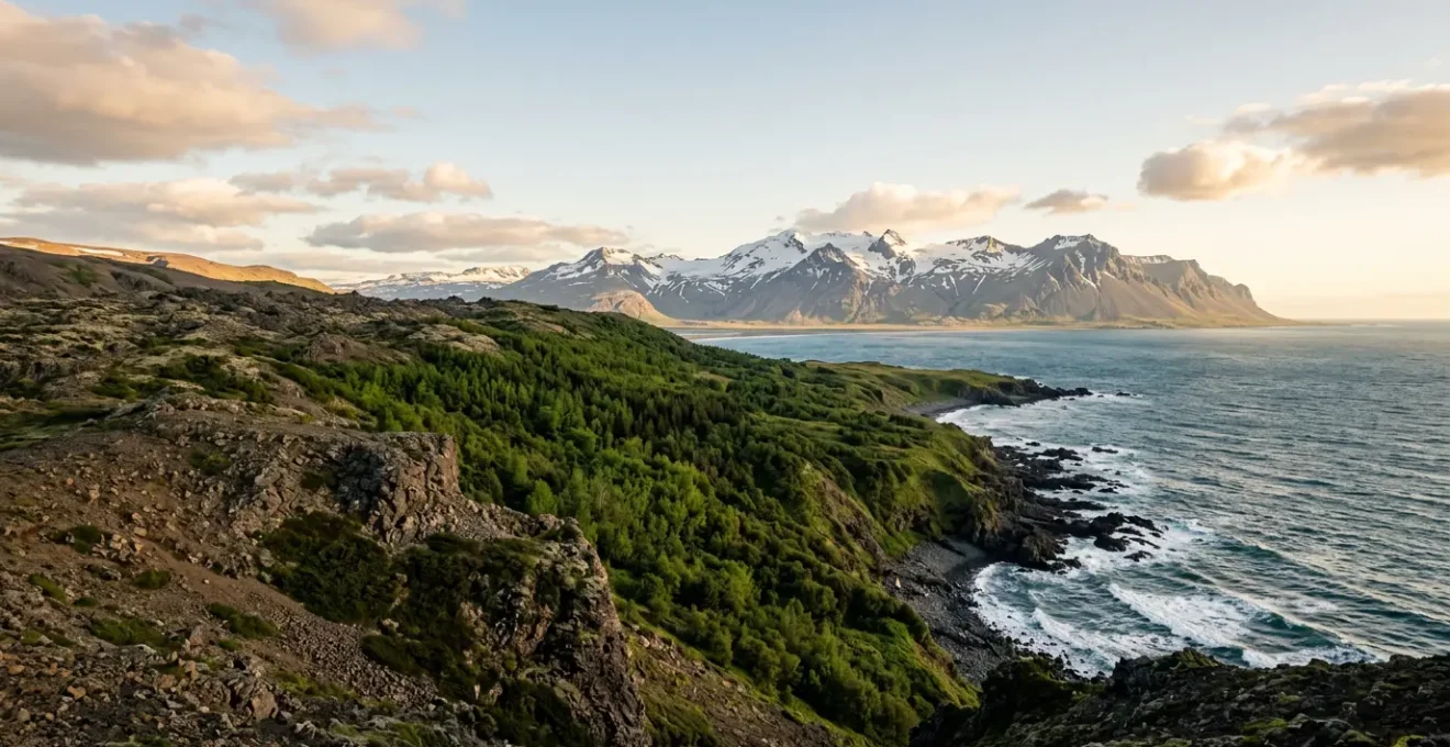 Dramatische Küstenlandschaft mit mehreren geografischen Zonen in einem Bild vereint