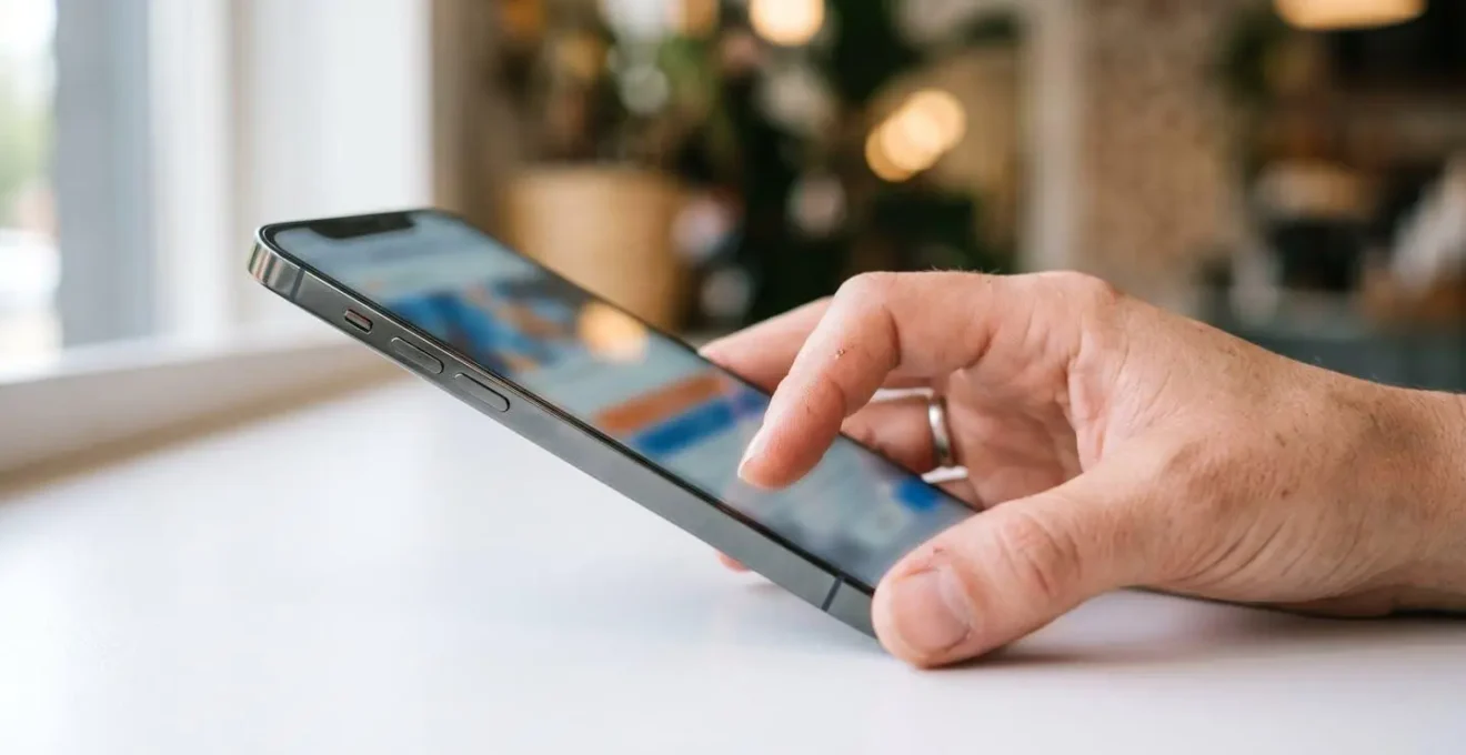 Nahaufnahme einer Hand, die auf einem modernen Smartphone tippt, der Bildschirm ist vollständig unscharf im Hintergrund, heller Schreibtisch