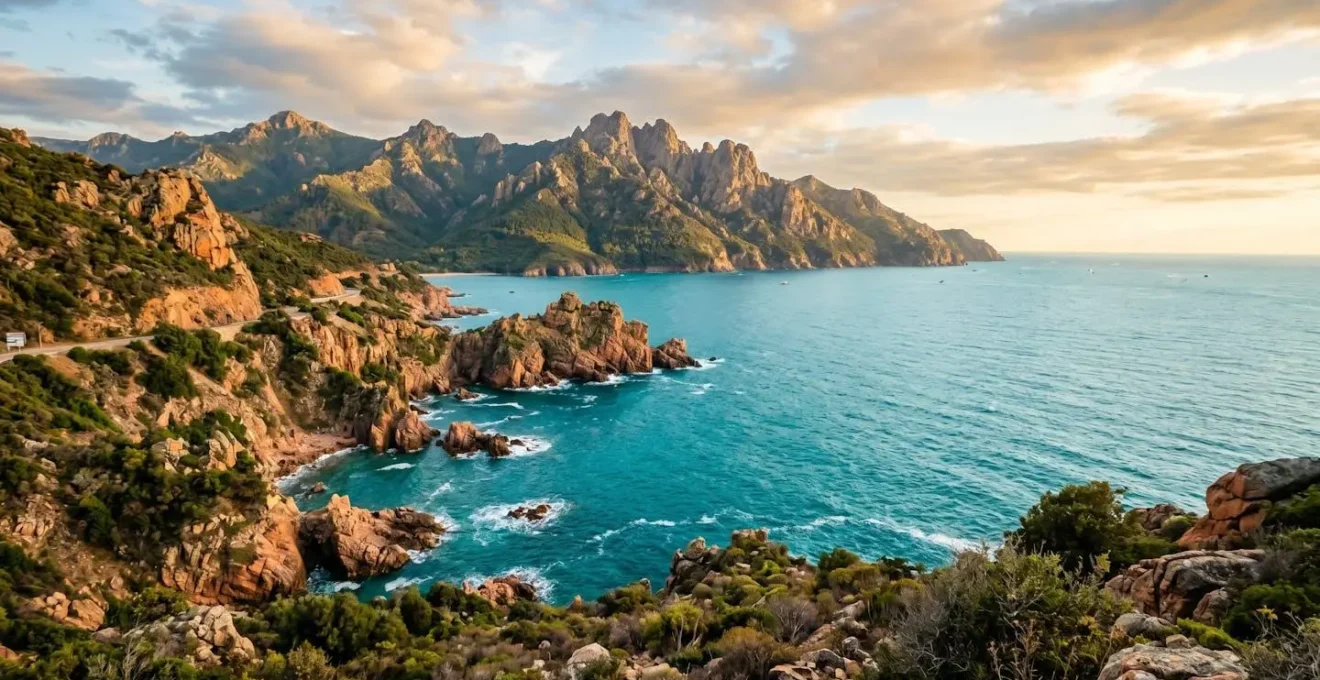 Dramatische korsische Küstenlandschaft mit türkisblauem Mittelmeer und Bergen im Hintergrund bei goldenem Abendlicht
