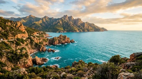 Dramatische korsische Küstenlandschaft mit türkisblauem Mittelmeer und Bergen im Hintergrund bei goldenem Abendlicht
