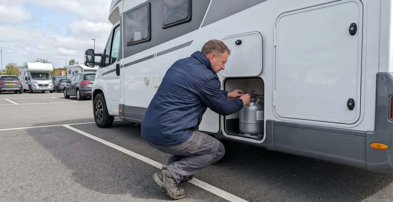 Ein Mann Ende Fünfzig überprüft von hinten gesehen das Gasflaschenventil an der Aussenseite eines modernen Wohnmobils