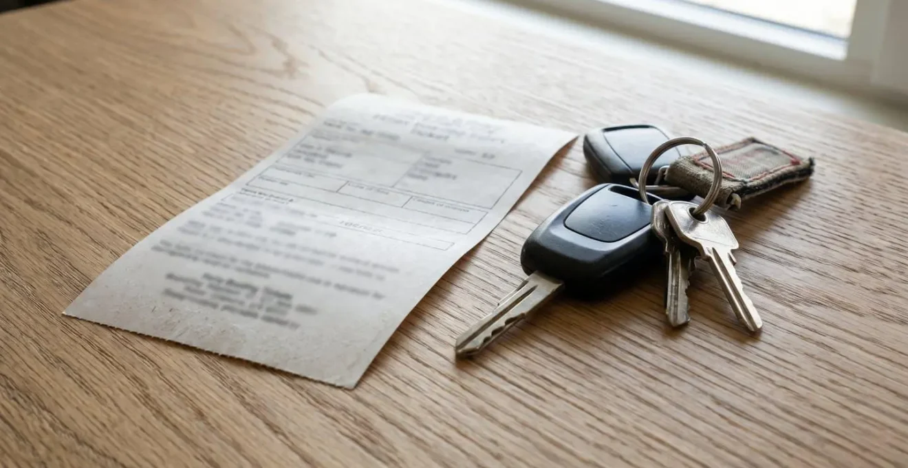 Extreme Nahaufnahme eines Fährtickets und Wohnmobilschlüssel auf moderner Holztischoberfläche