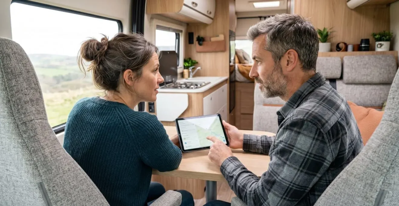 Ein Paar in den Vierzigern betrachtet gemeinsam ein Tablet im hellen Innenraum eines modernen Wohnmobils