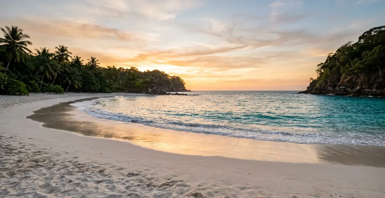 Ruhiger Strand mit sanften Wellen bei goldenem Licht für entspannten Urlaub
