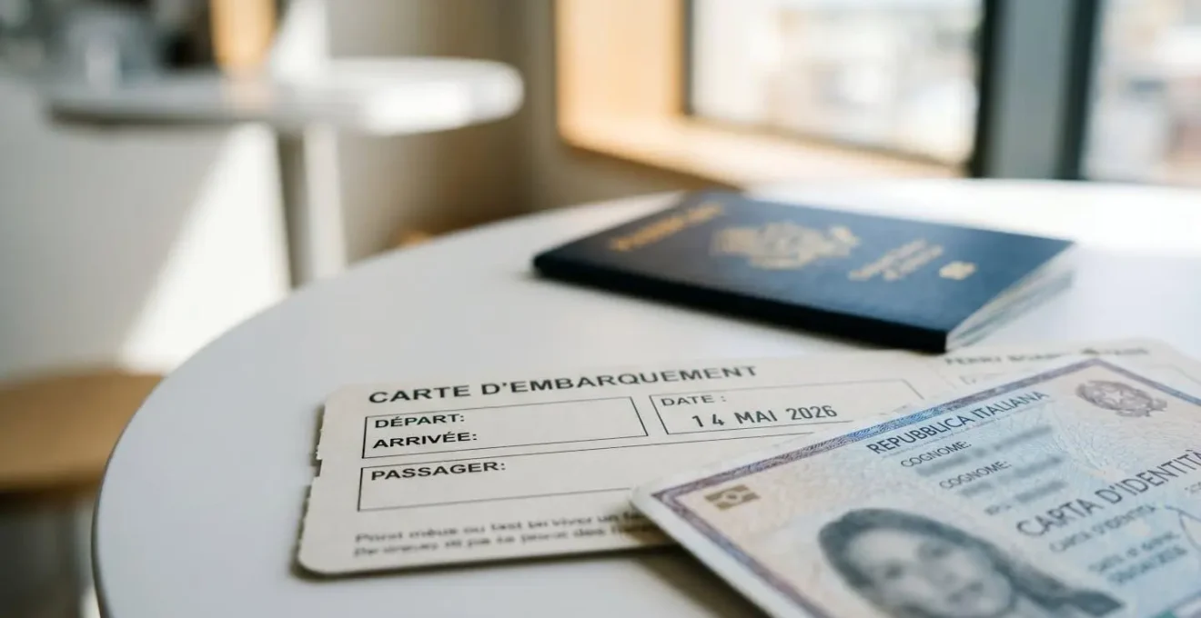 Extreme Nahaufnahme von Reisedokumenten auf einem modernen Tisch, Reisepass unscharf im Hintergrund, helles Seitenlicht