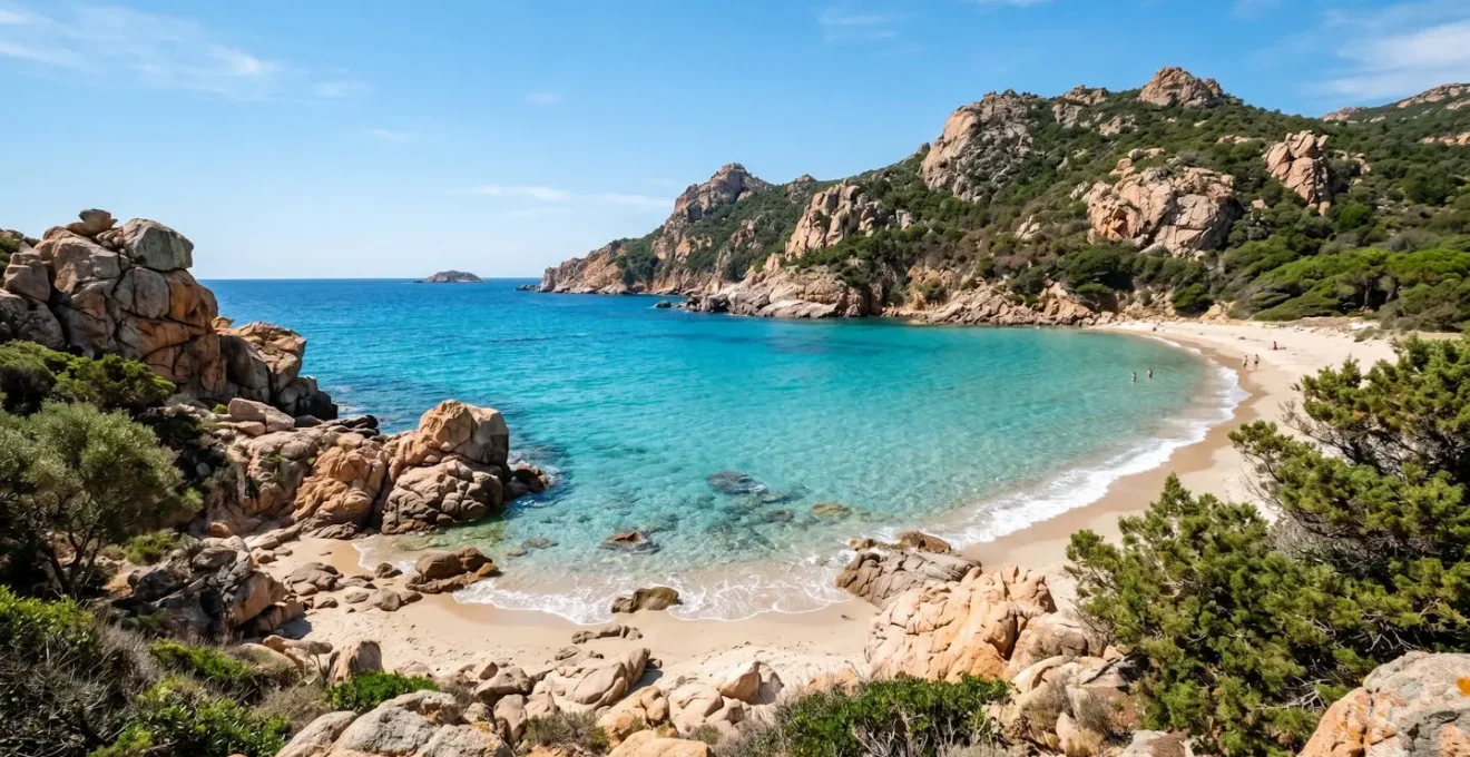 Einsame türkisblaue Bucht auf Korsika mit Granitfelsen und klarem Wasser