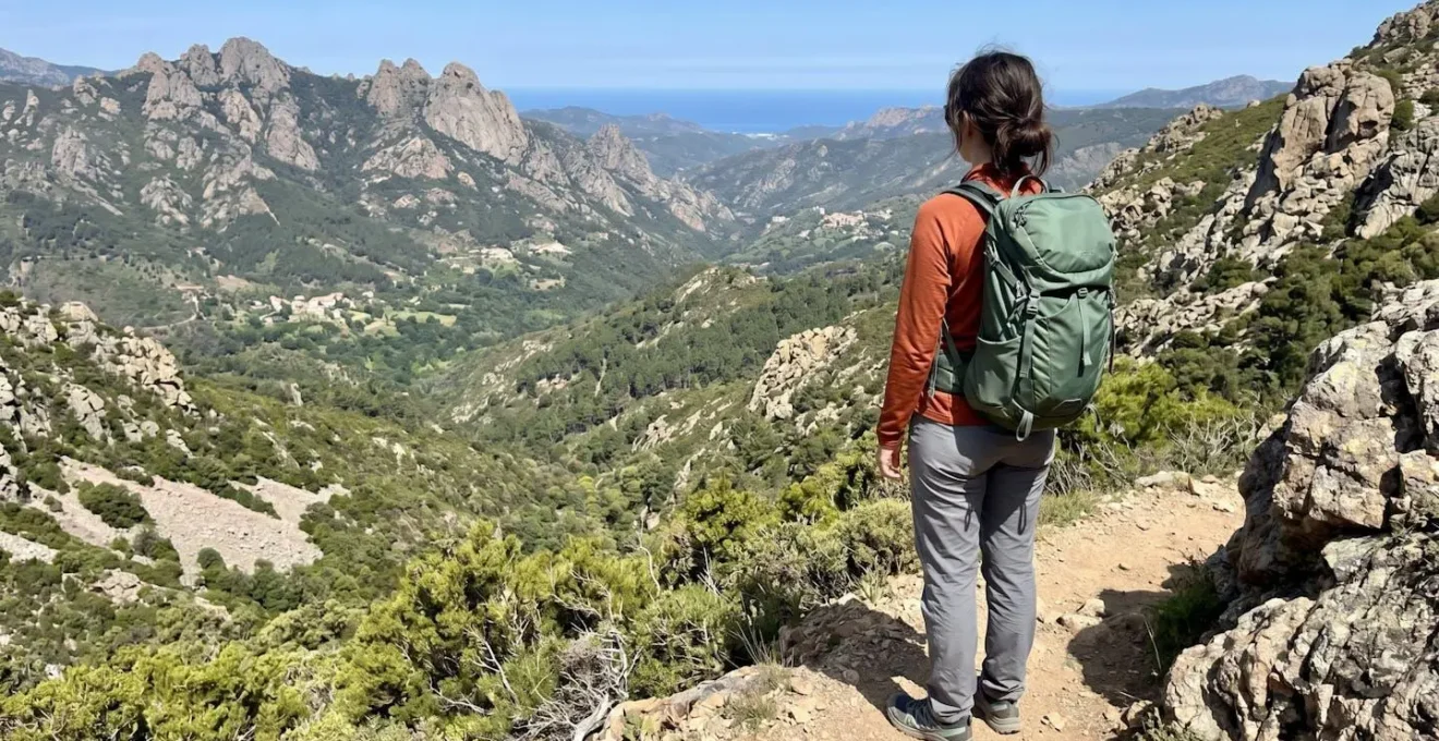 Person von hinten in Wanderkleidung blickt auf weite korsische Berglandschaft mit grünen Tälern