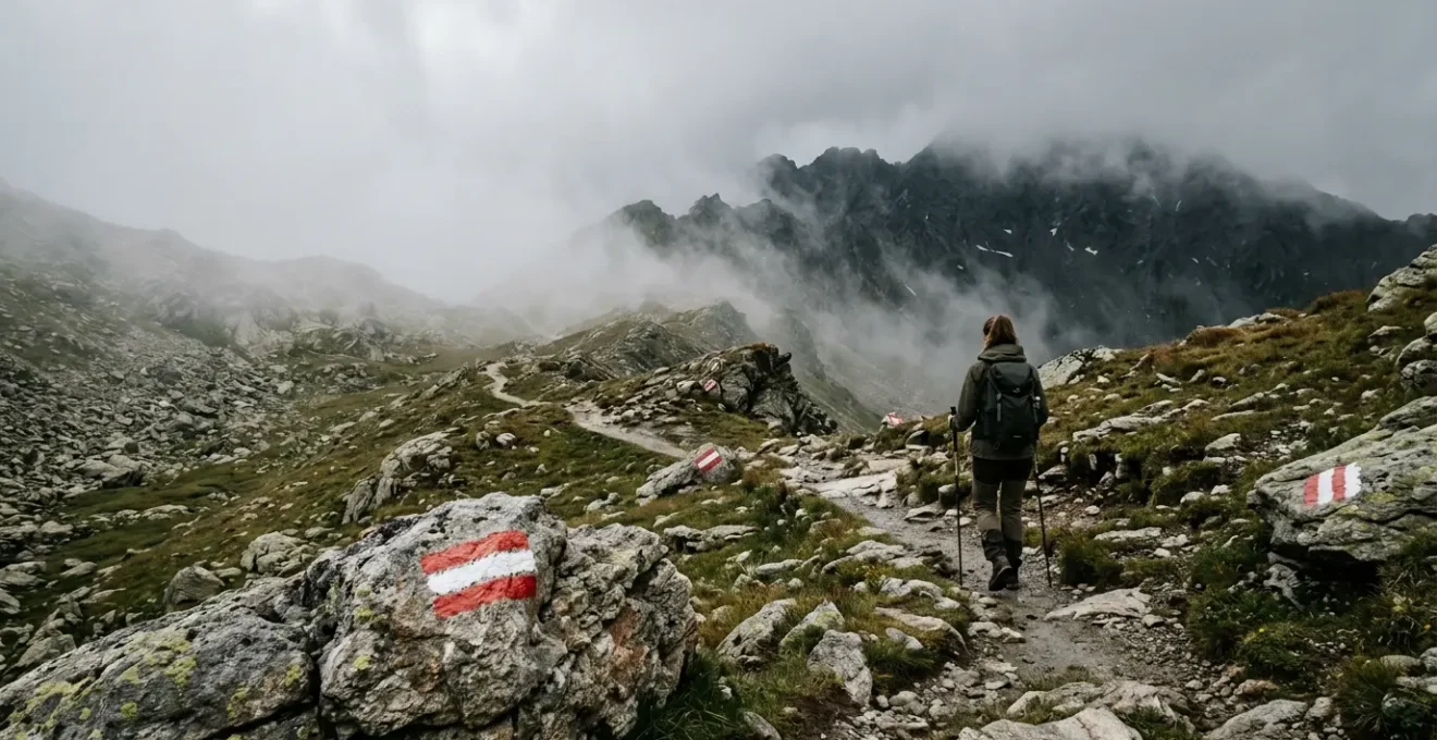 Wanderer folgt rot-weißen Wegmarkierungen auf einem Bergpfad in nebligem alpinem Gelände