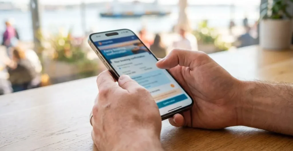 Nahaufnahme von Händen, die ein Smartphone halten, auf dem Bildschirm ist eine Buchungsbestätigung verschwommen sichtbar, auf einem modernen sauberen Schreibtisch Nahaufnahme von Händen, die ein Smartphone halten, auf dem Bildschirm ist eine Buchungsbestätigung verschwommen sichtbar, auf einem modernen sauberen Schreibtisch